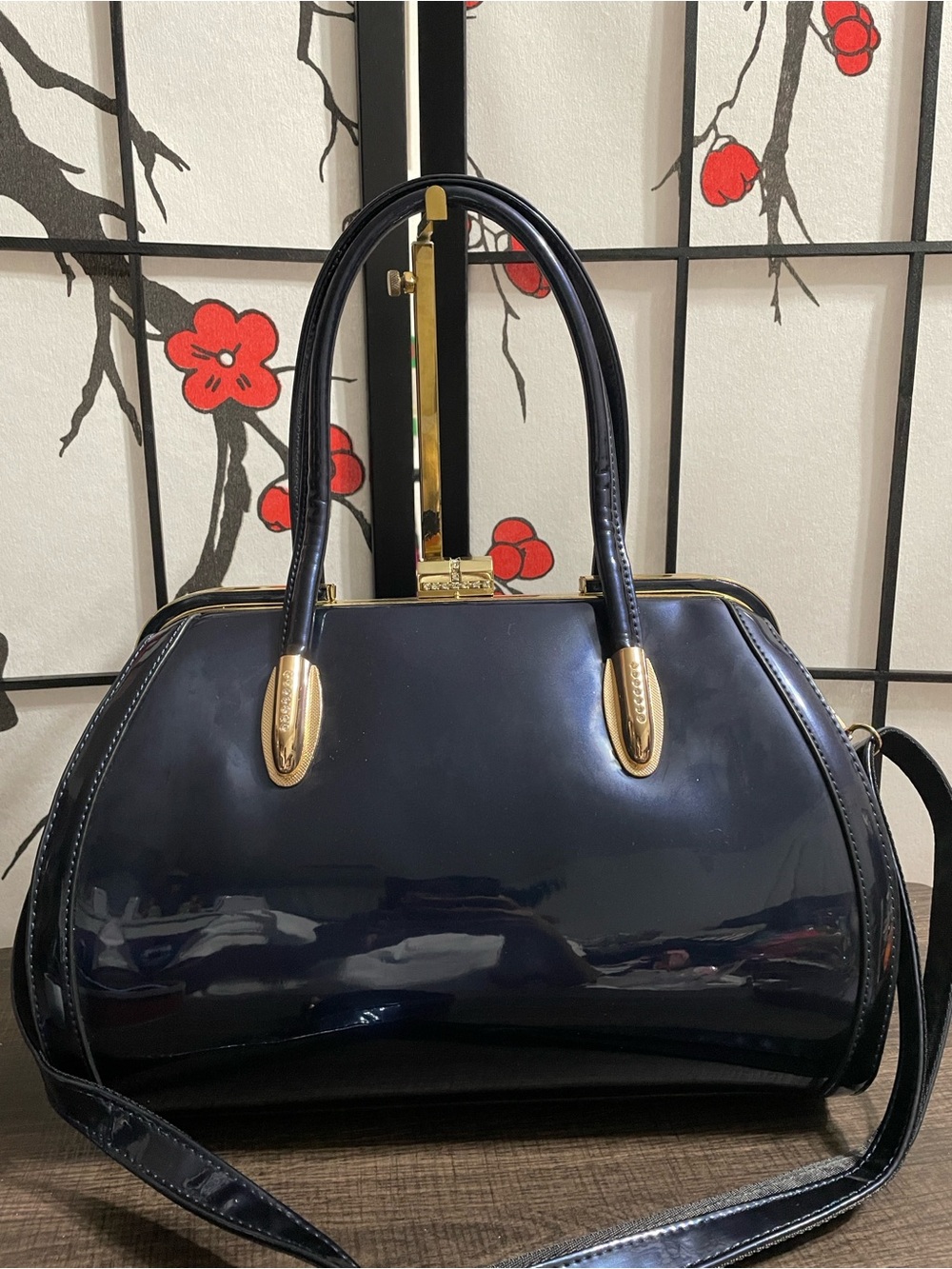 MKF Collections Shiny Patent Navy Blue Handbag with detachable crossbody strap